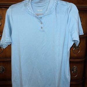 Blair Sky Blue and white Eyelet Detail Polo Tops